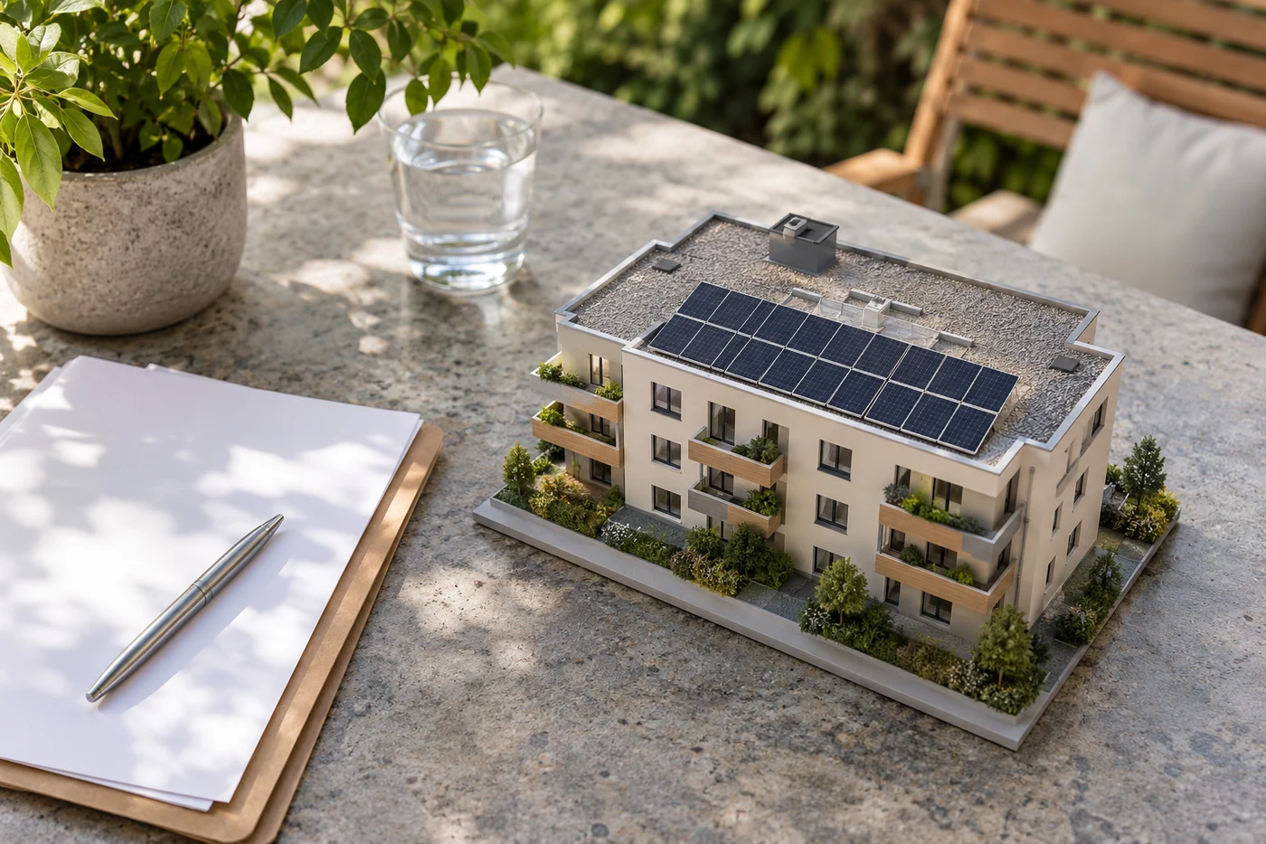 Projektmappe neben einem Modell eines städtischen Solardachs