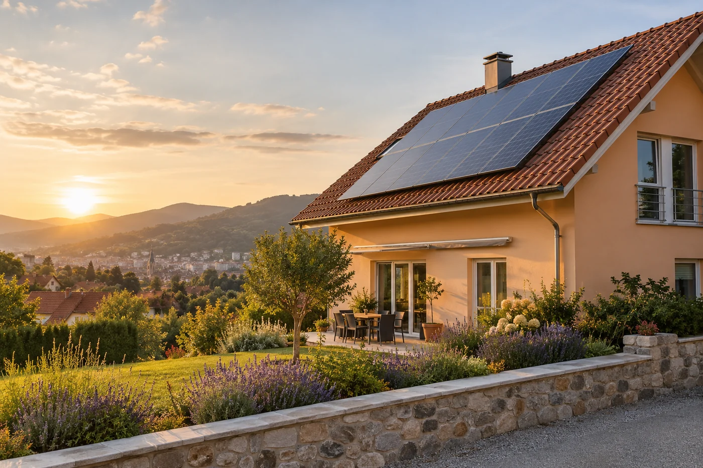 Vorstadthaus mit Photovoltaik und begrüntem Vorgarten