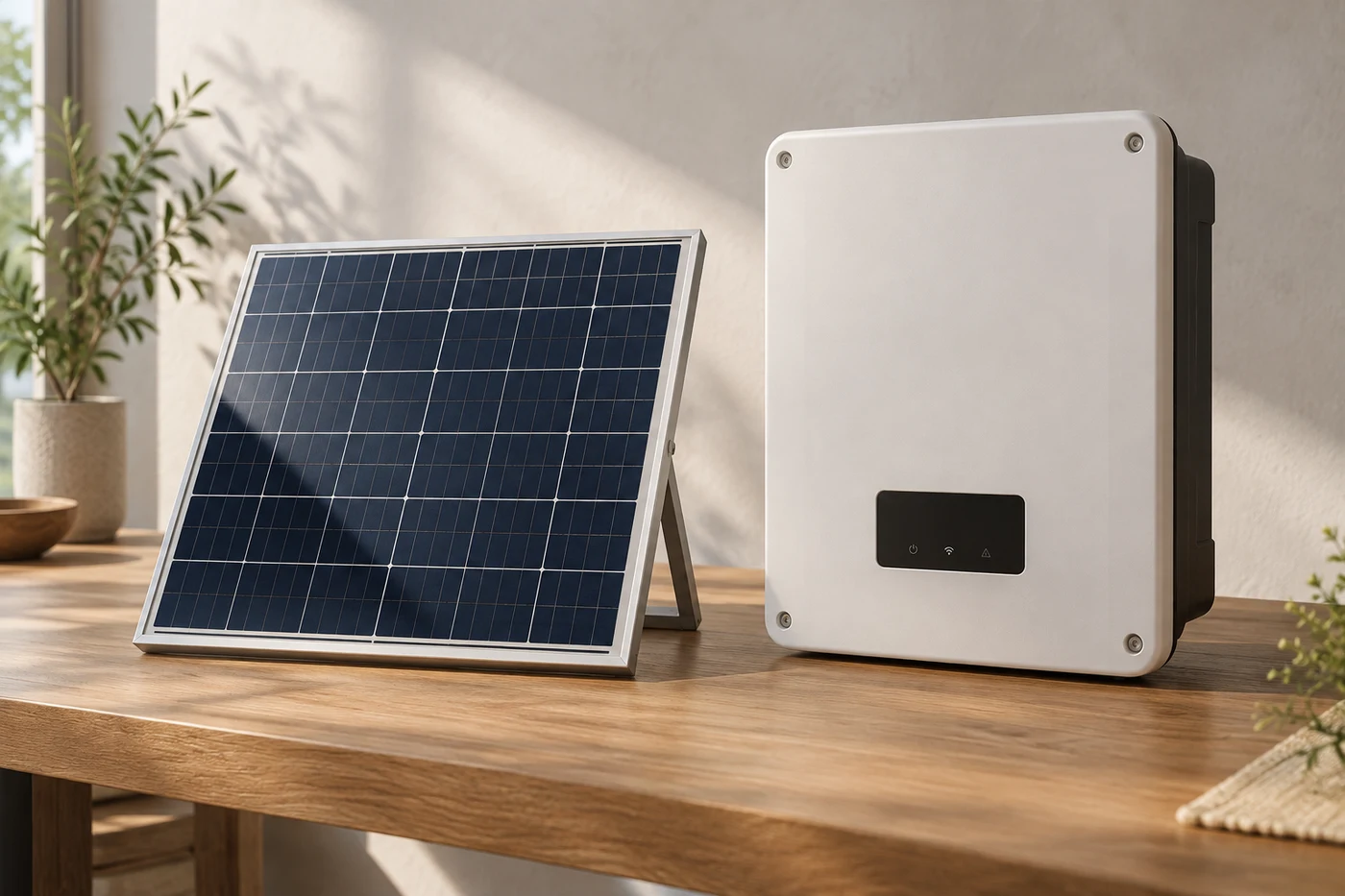 Ein Solarmodul und ein geschlossener Wechselrichter auf einem Mustertisch