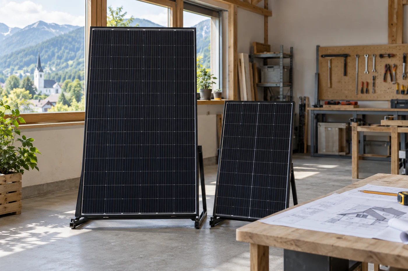 Solarmodule unterschiedlicher Größe auf sicheren Ständern