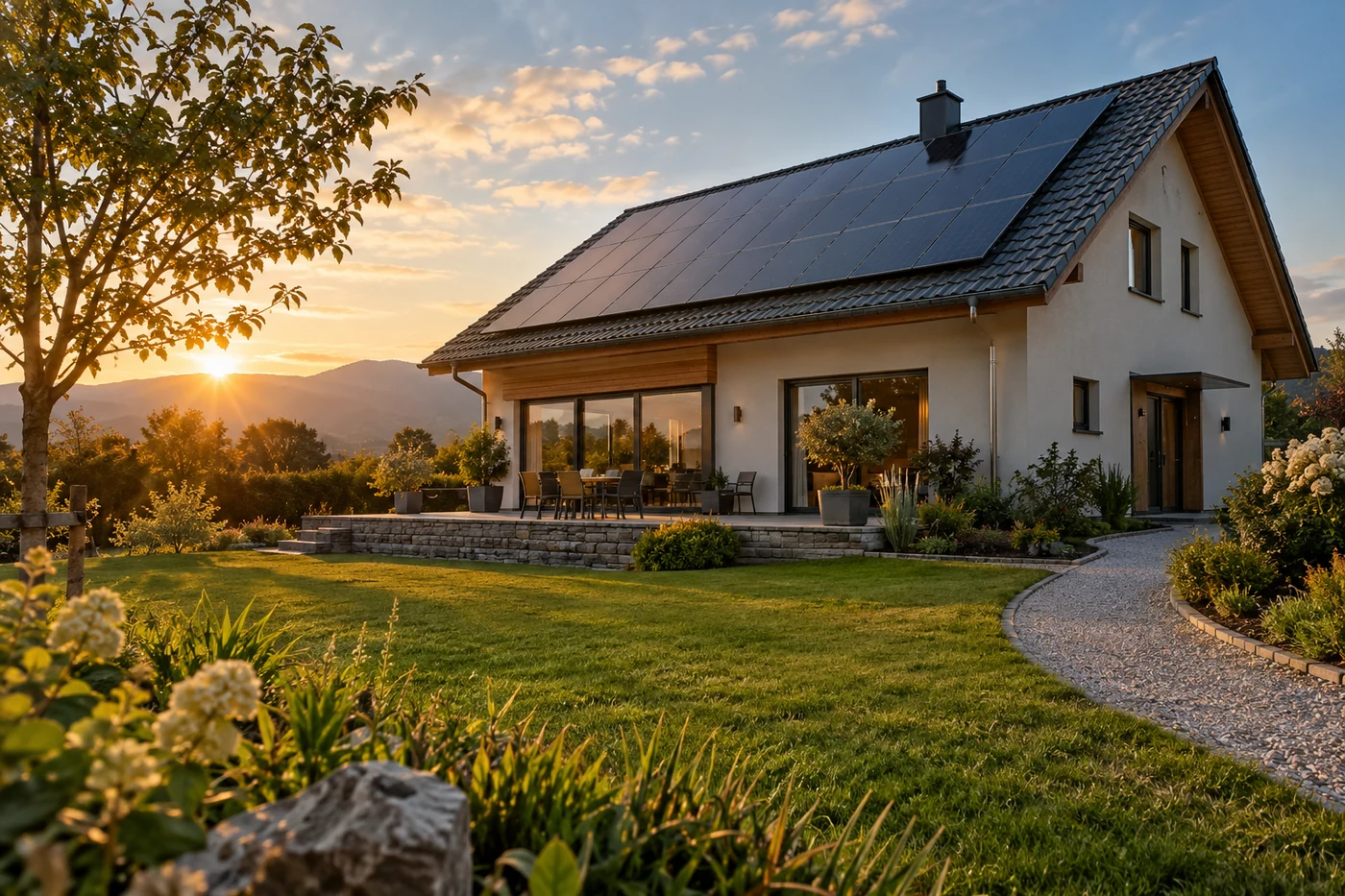 Ein großzügiges Wohnhaus mit Solarmodulen und einem offenen Gartenweg im Abendlicht.