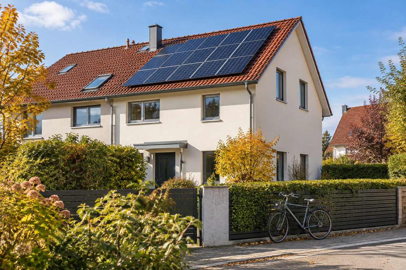 Solarmodule auf dem Ziegeldach eines Hauses mit kleinem Vorgarten