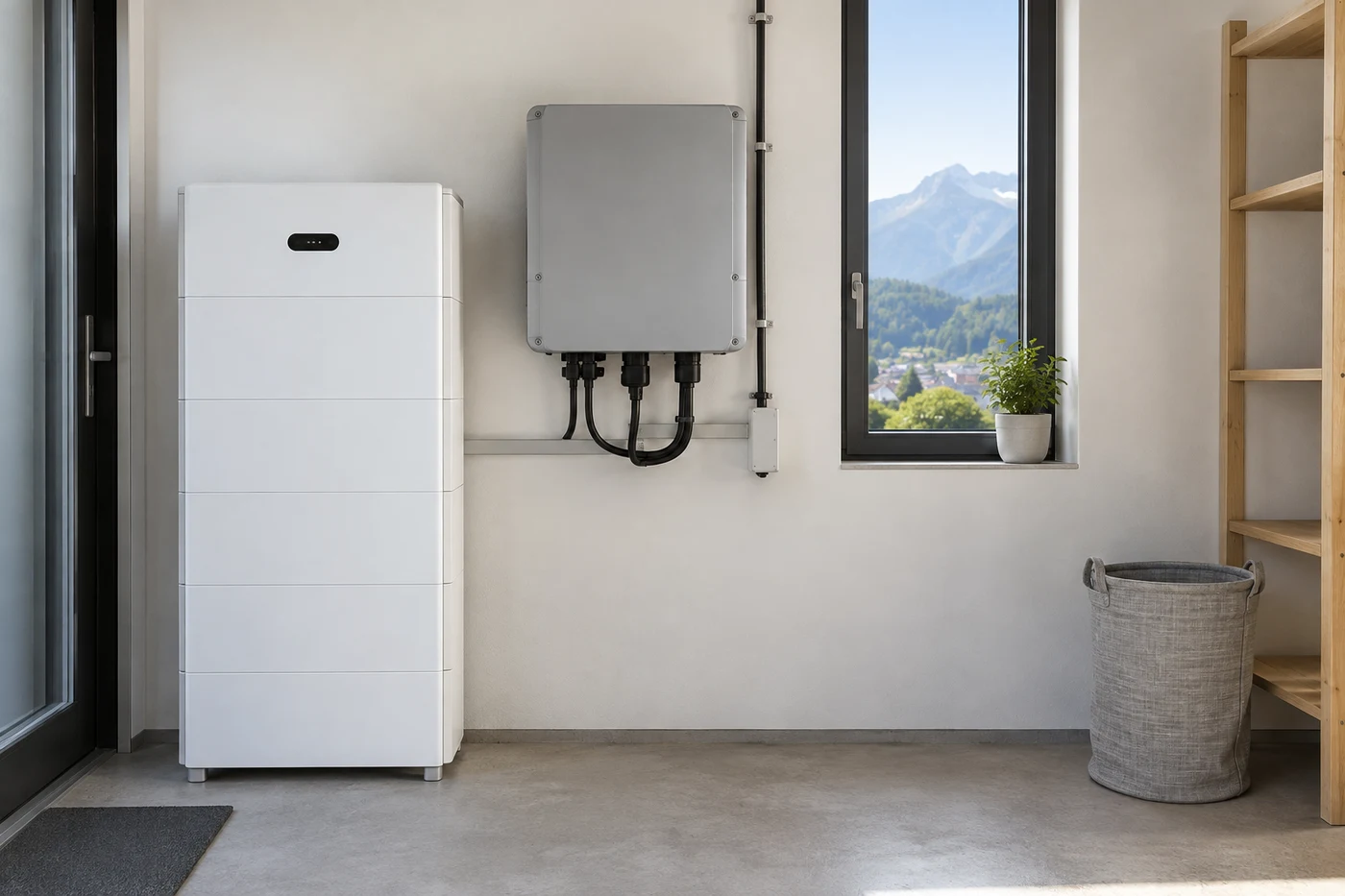Stromspeicher und Wechselrichter in einem Hauswirtschaftsraum mit Fenster