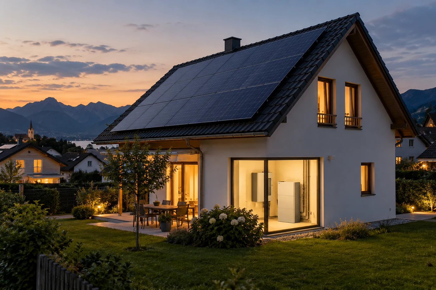 Haus mit PV-Anlage und beleuchtetem Technikraum am Abend