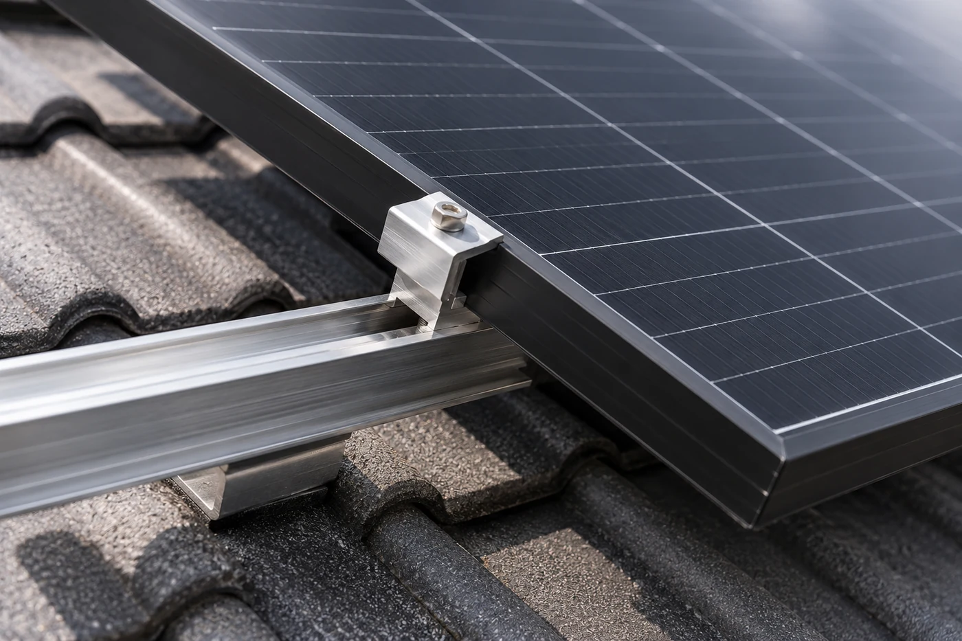 Montageschiene und Klemme an einem gerahmten Solarmodul