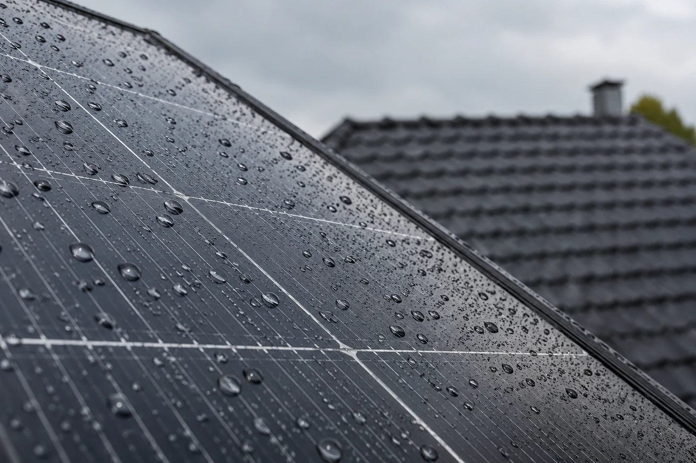 Regentropfen auf Solarmodulen mit einem unscharfen Ziegeldach im Hintergrund.