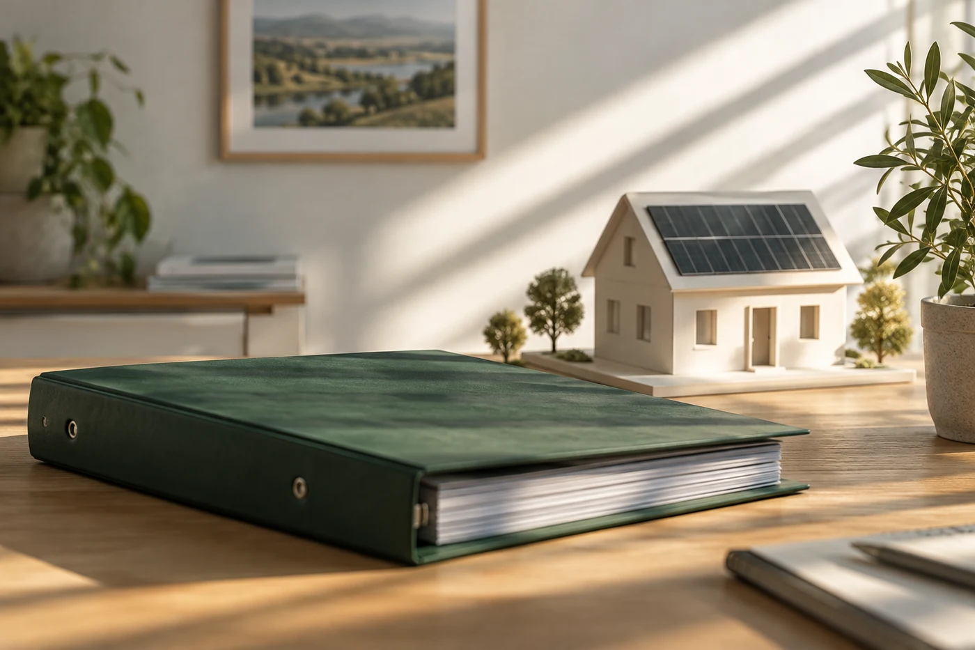 Unbeschriftete Projektmappe und ein Hausmodell mit Solarmodulen