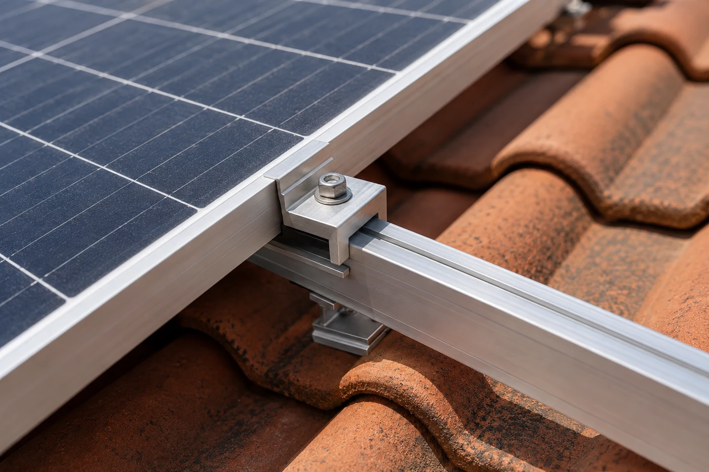 Montageschienen und Klemmen an einer Solaranlage auf Ziegeldach
