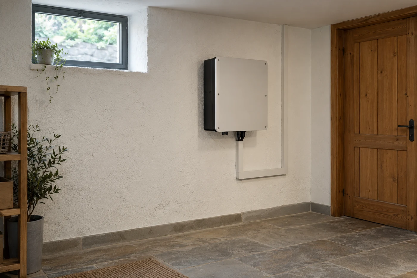 Geschlossener Wechselrichter an einer verputzten Kellerwand