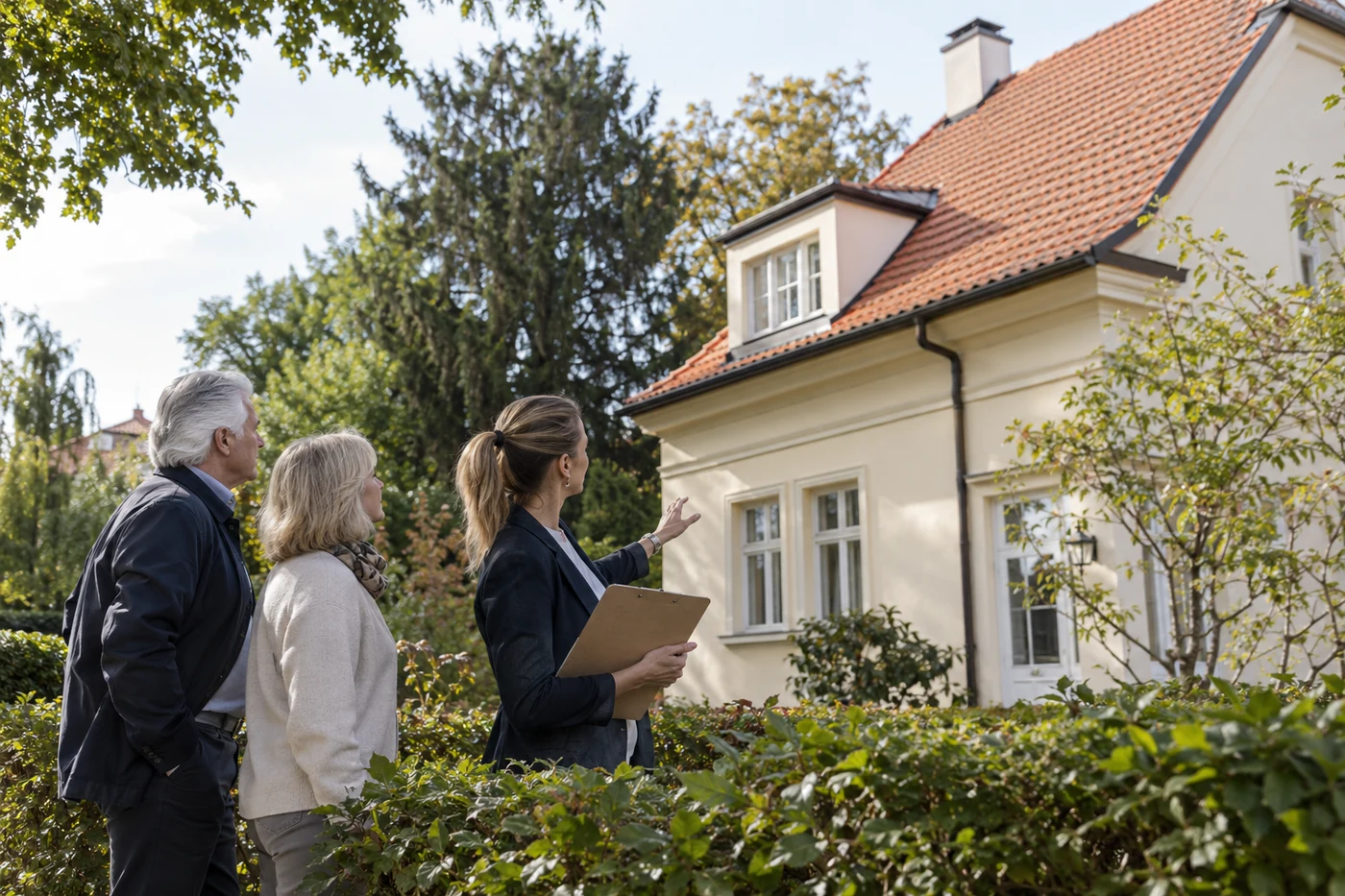 Drei Personen betrachten ein Villendach vom Garten aus