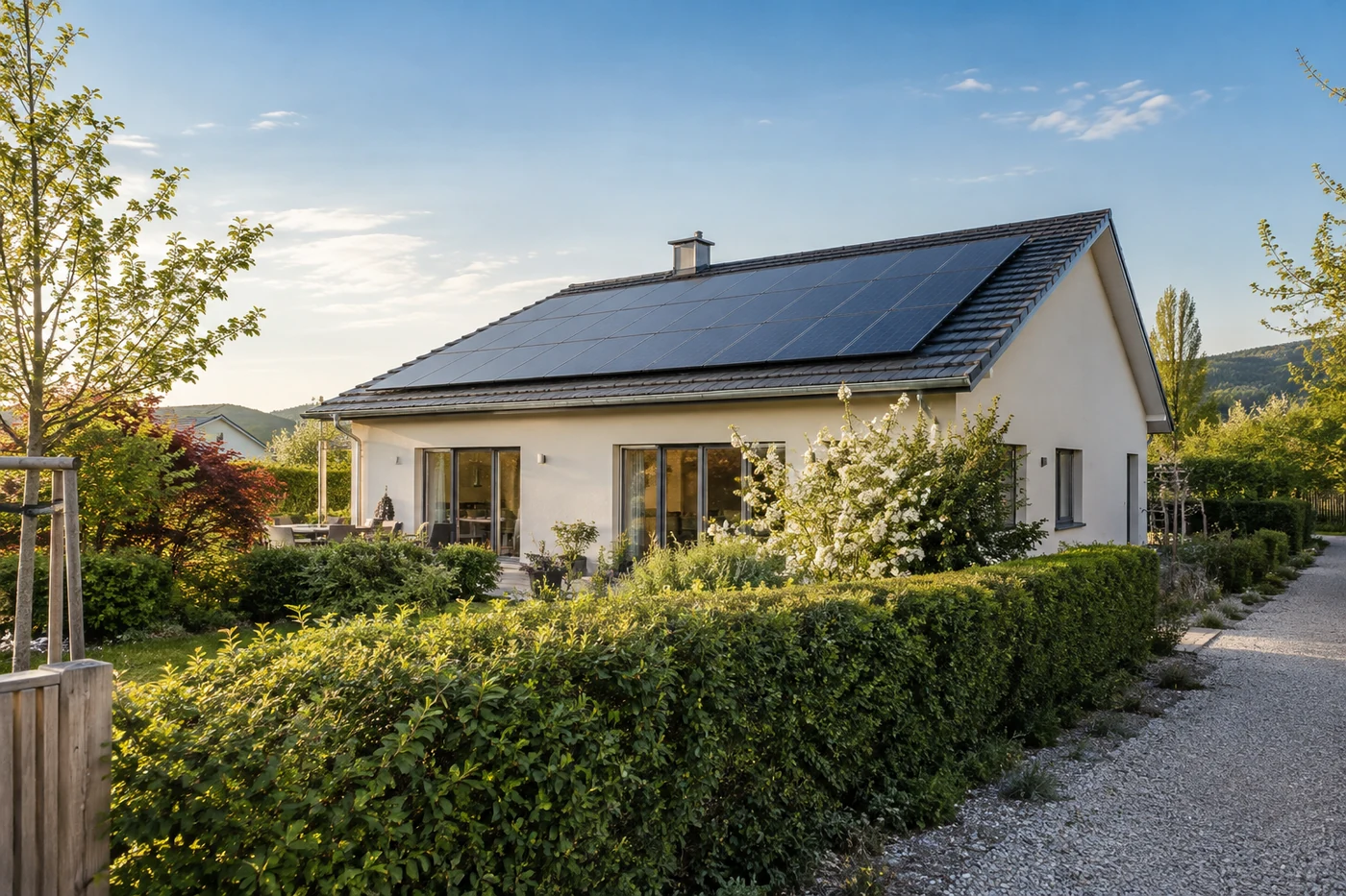 Ein helles Wohnhaus mit Solarmodulen hinter einer niedrigen Gartenhecke.