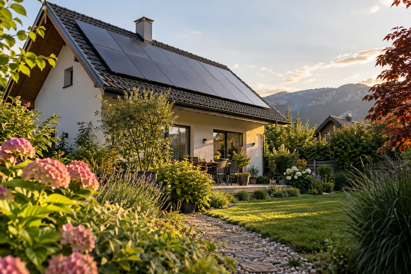 Haus mit Photovoltaikdach hinter Sträuchern und einem Gartenweg