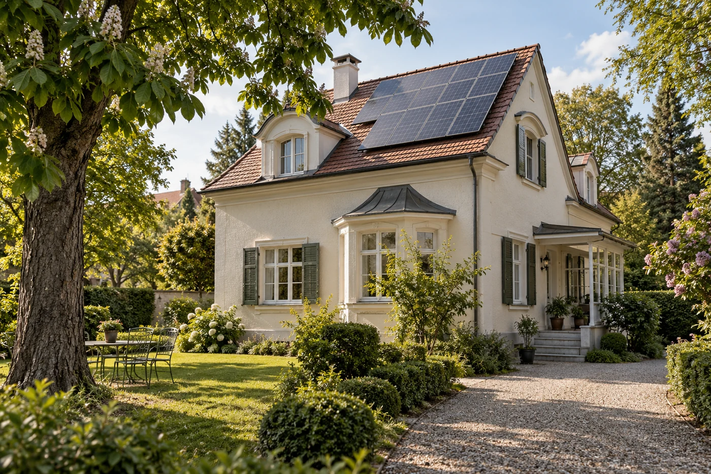 Illustratives Wohnhaus mit Solardach in grüner Umgebung