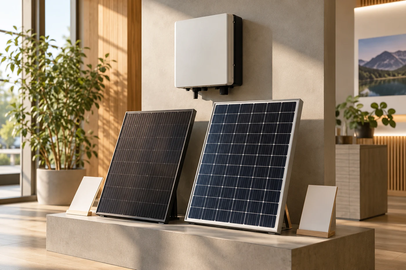 Zwei Solarmodul-Muster neben einem geschlossenen Wechselrichter