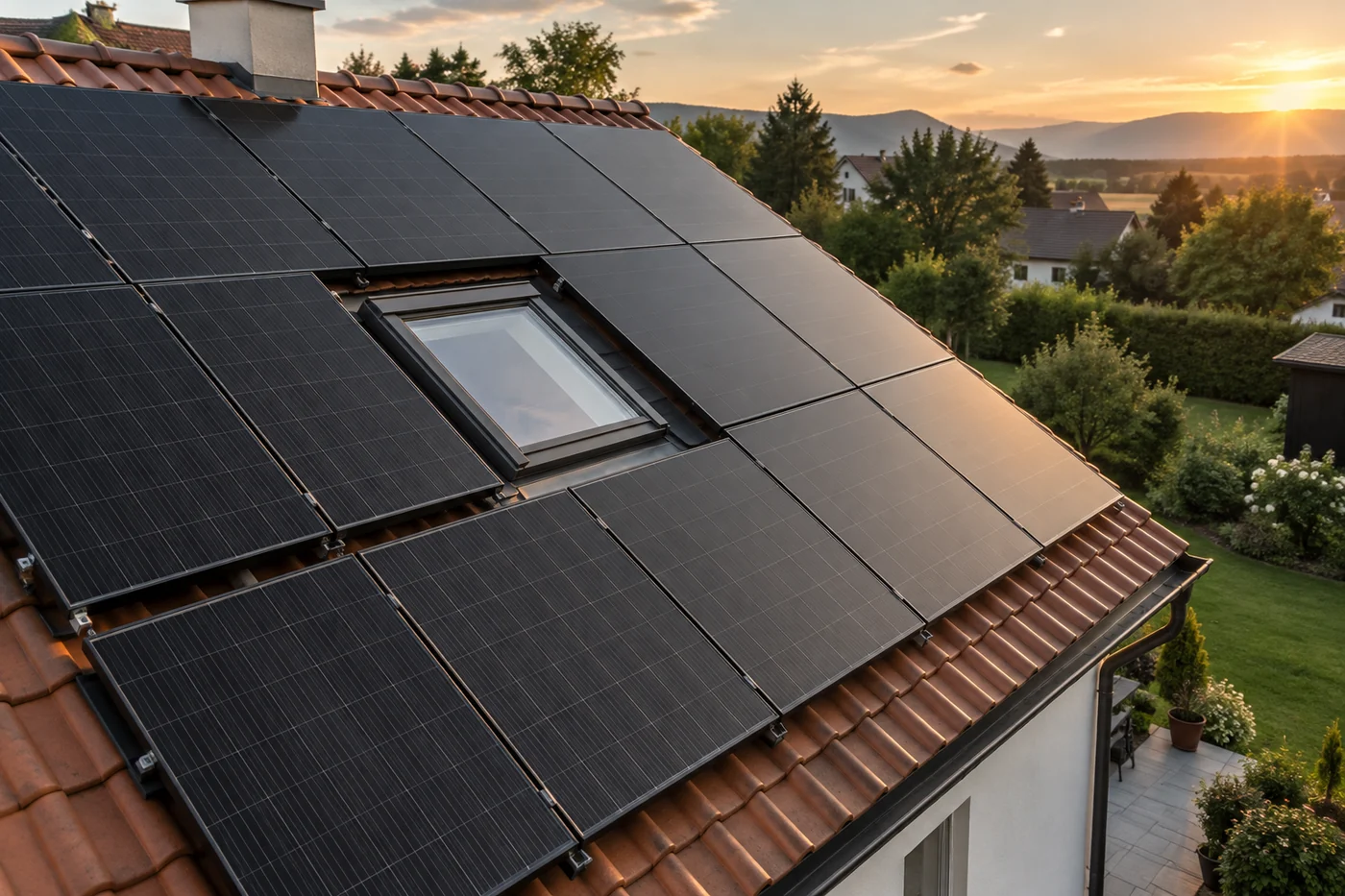 Schwarze Solarmodule auf einem modernen Eigenheimdach