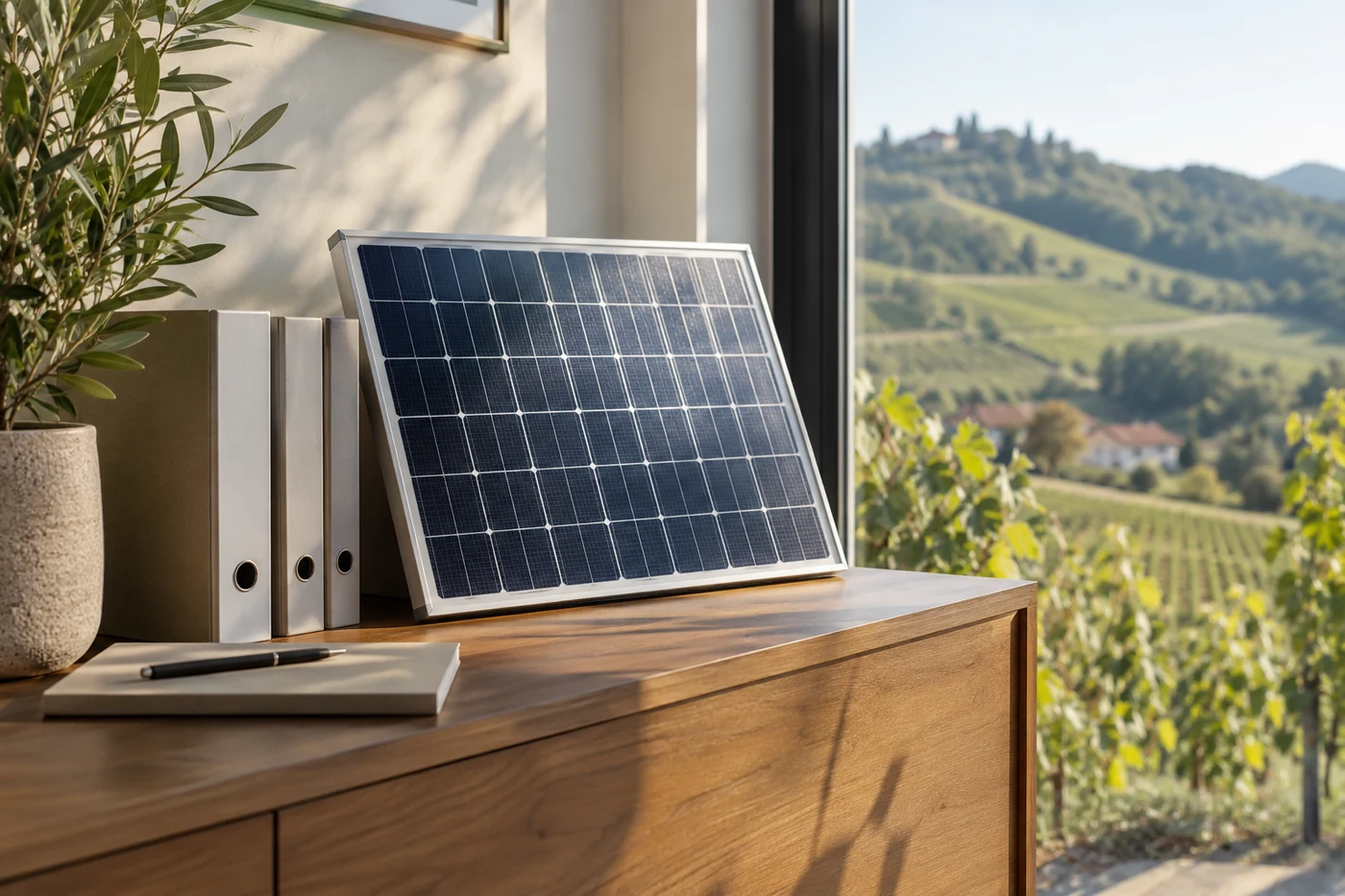 Solarmodulprobe und Mappen auf einem Regal