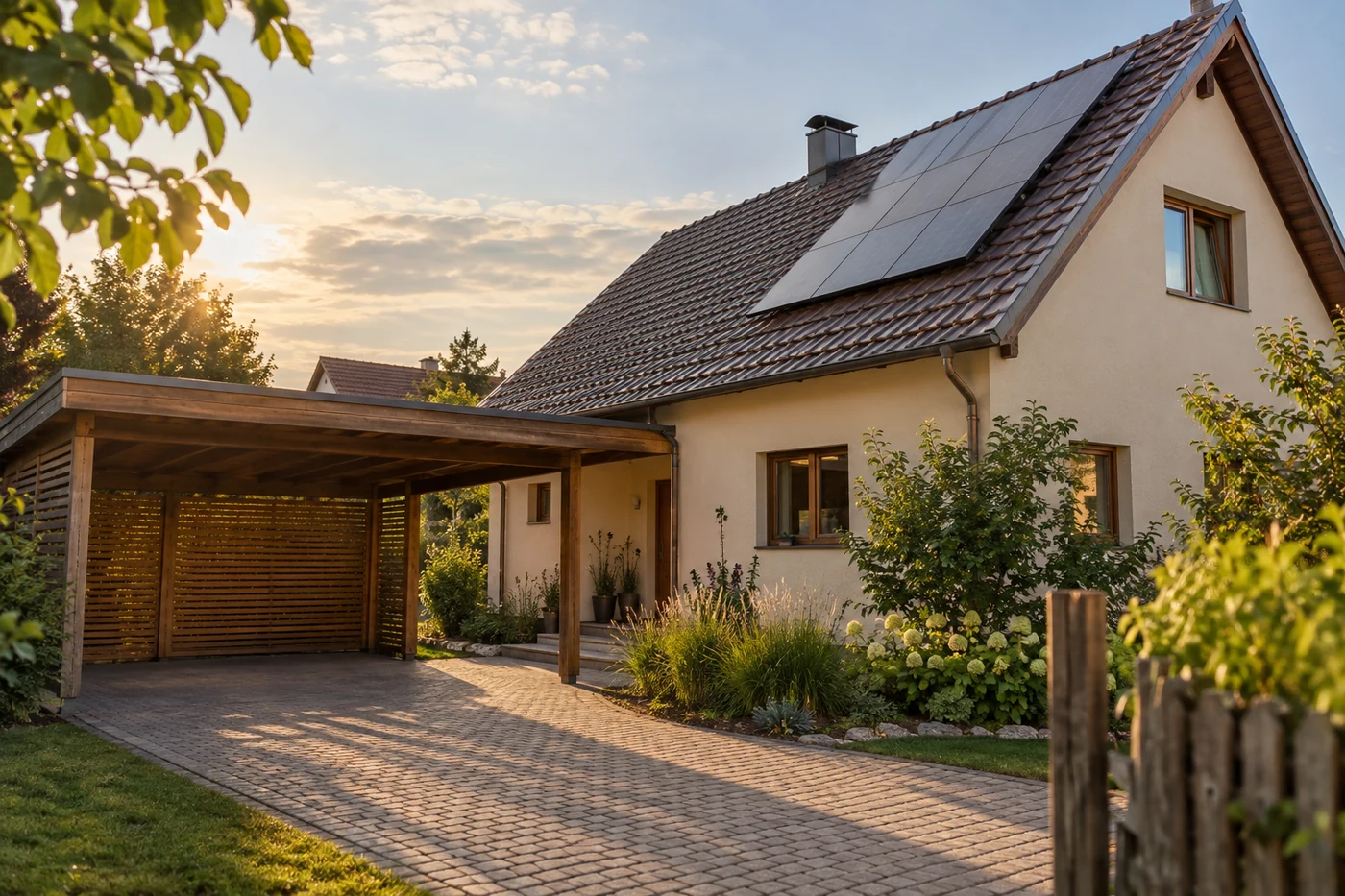 Wohnhaus mit Solarmodulen und kleiner Auffahrt