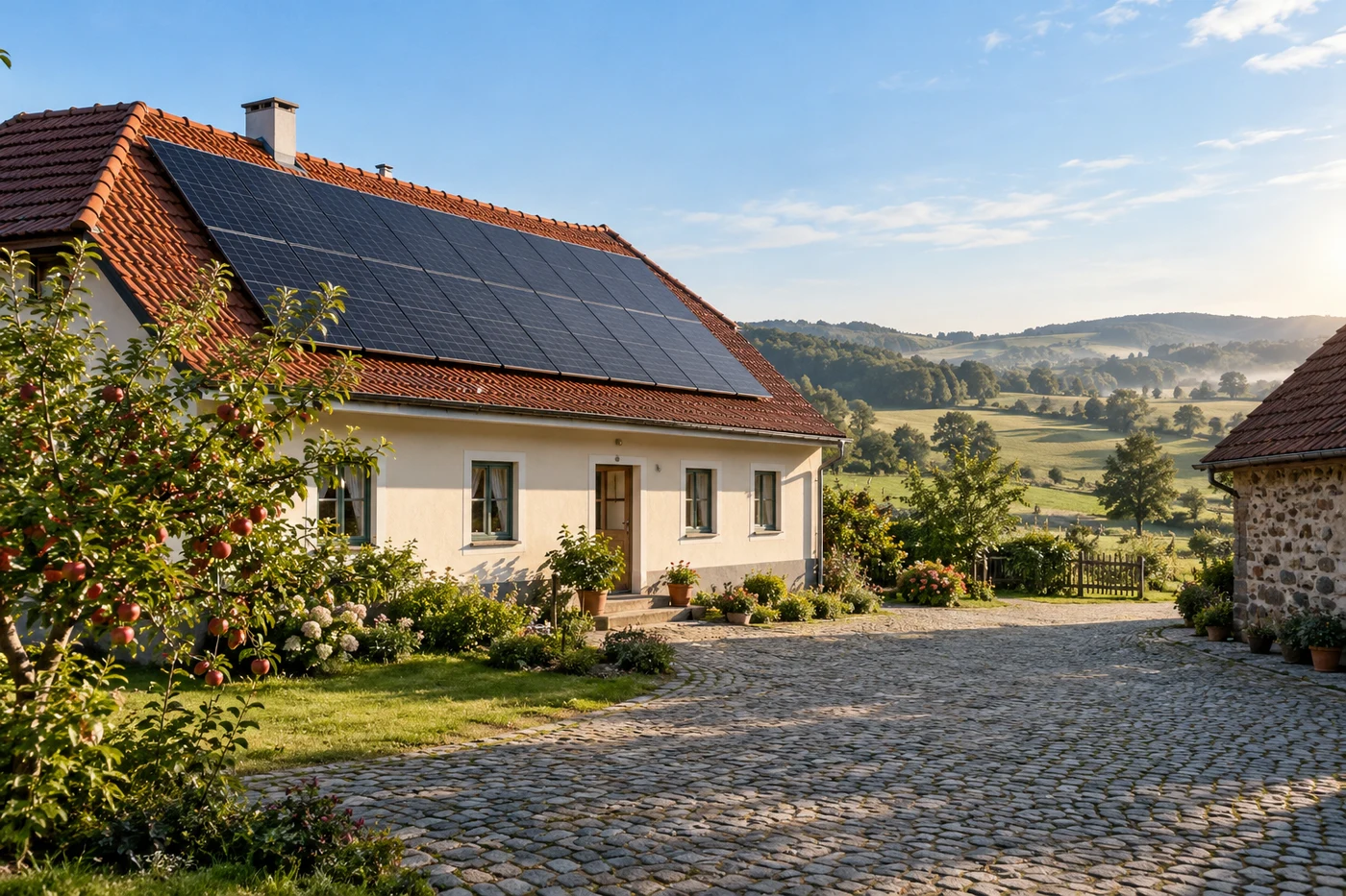 Solarmodule auf einem Landhaus neben einem gepflasterten Hof