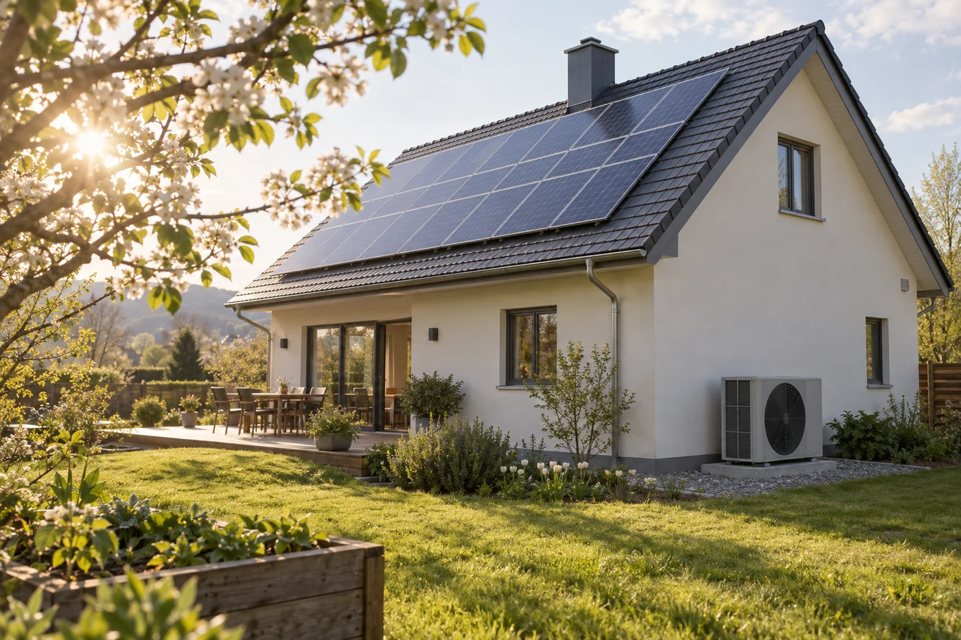 Wärmepumpe vor einem Haus mit Solarmodulen