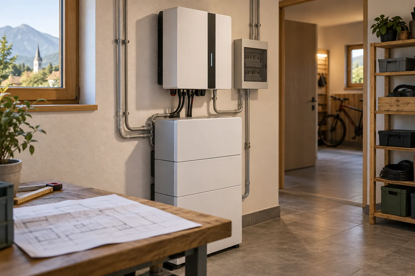Unmarkierter Hybridwechselrichter neben einem Stromspeicher