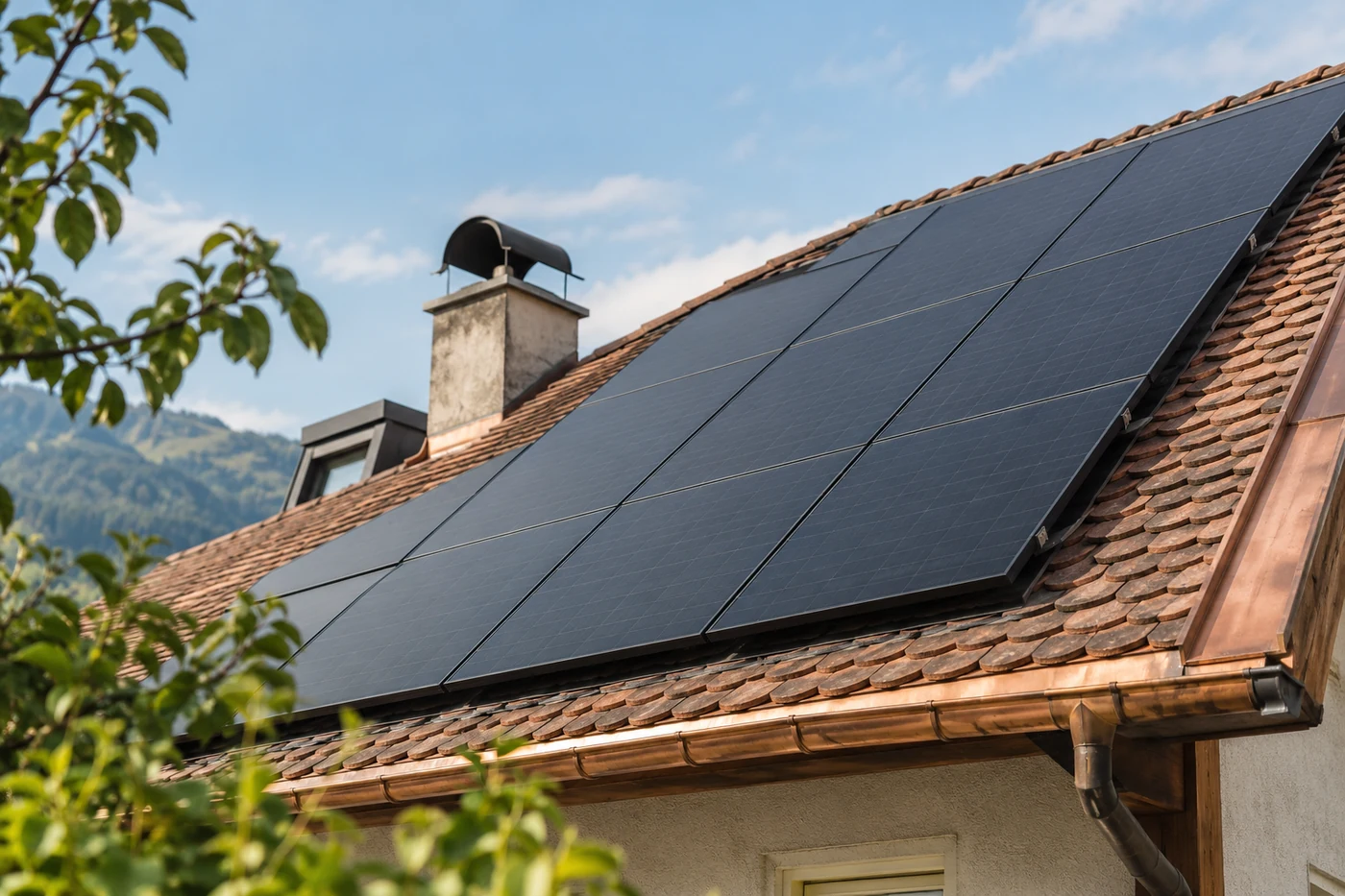 Schwarze Photovoltaikmodule auf einem Dach mit Metallanschlüssen