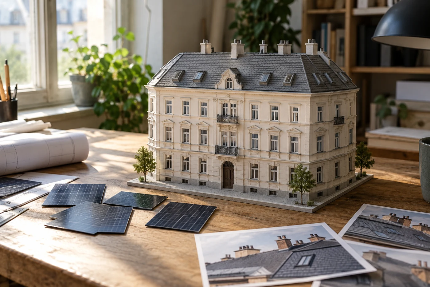 Architekturmodell eines Altbaus mit separaten Dachmodulmustern