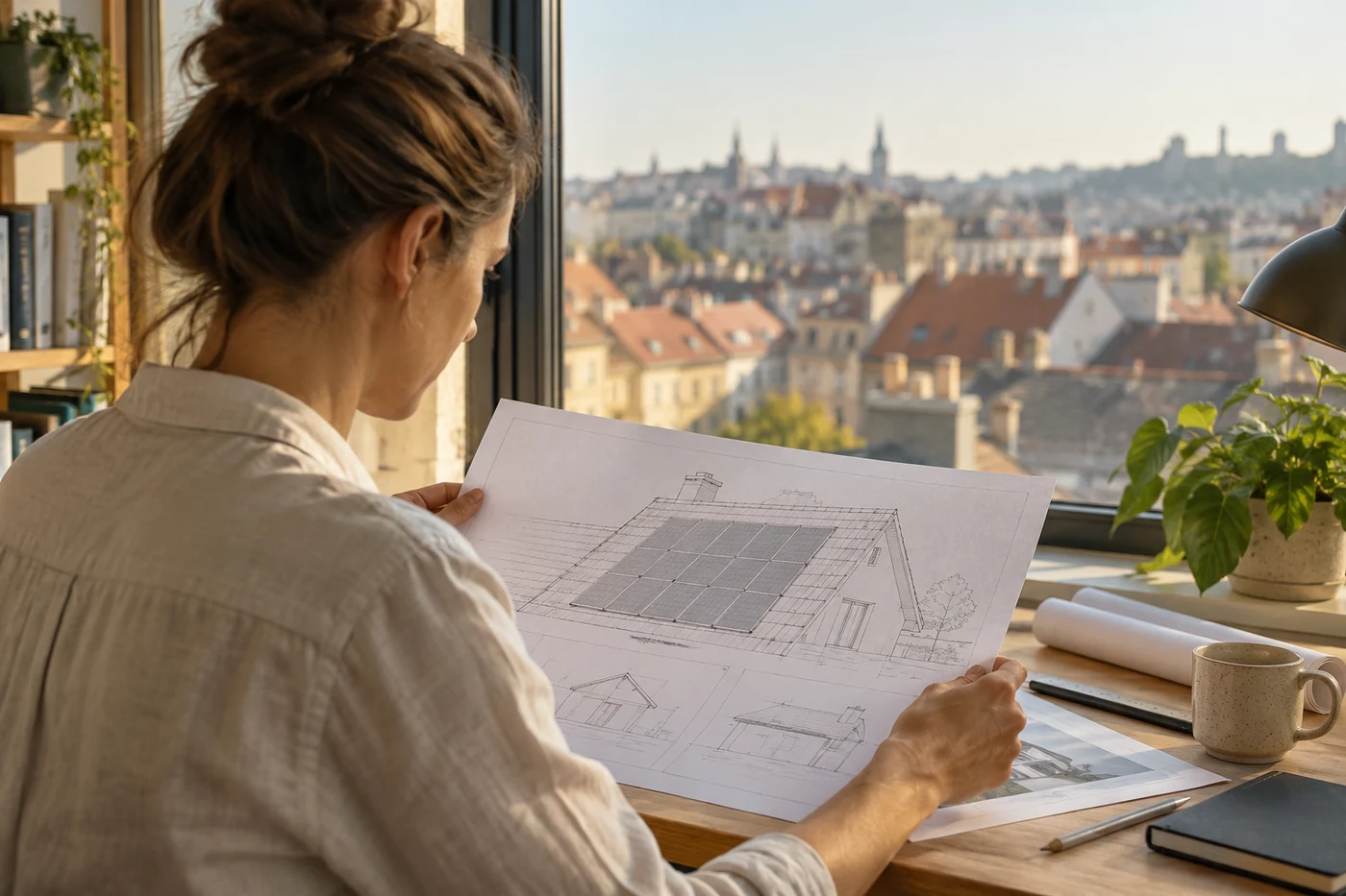 Person prüft einen Dachplan am Fenster