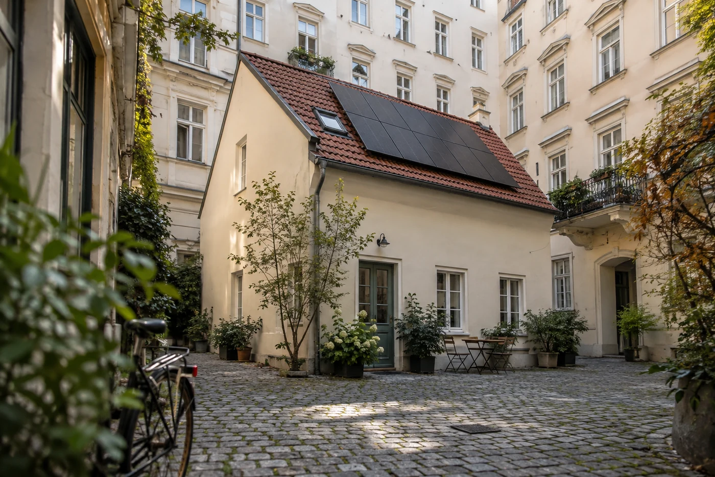 Solarmodule auf dem Dach eines Hauses mit gepflastertem Innenhof