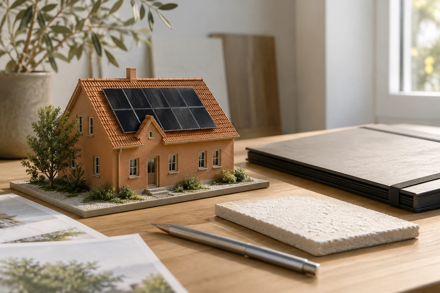 Ein Hausmodell mit Ziegeldach und Solarmodulen neben einer unbeschrifteten Planmappe.
