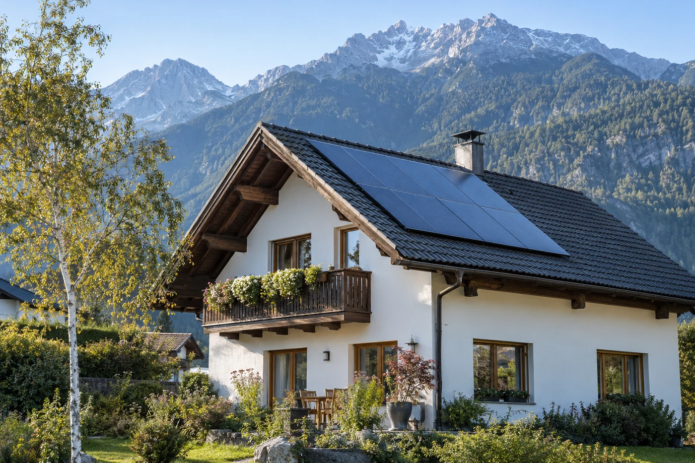 Haus mit Solardach vor bewaldeten Alpenhängen