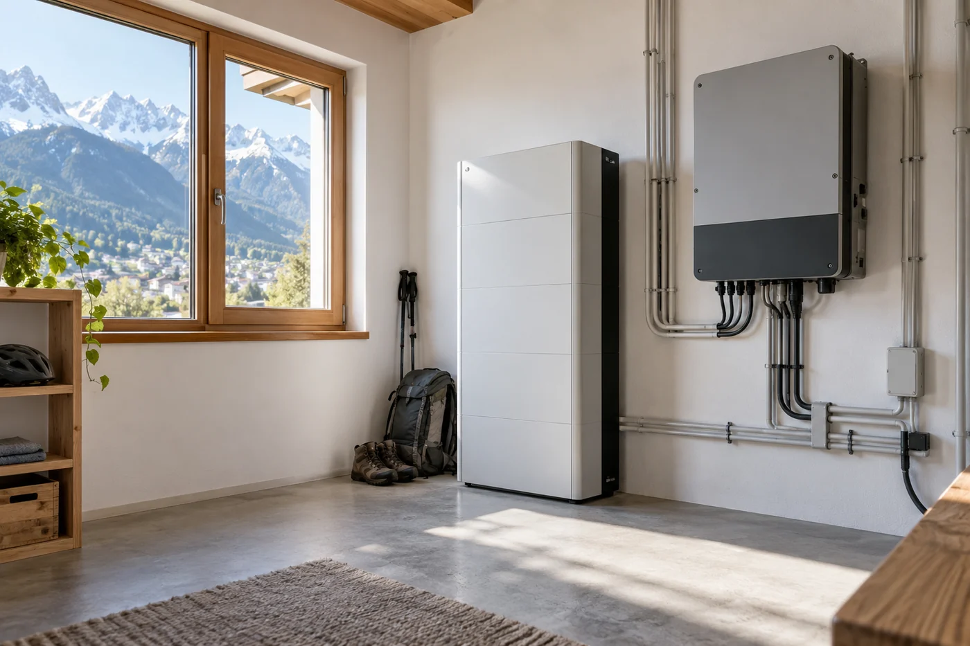 Batteriespeicher und Wechselrichter in einem Hauswirtschaftsraum