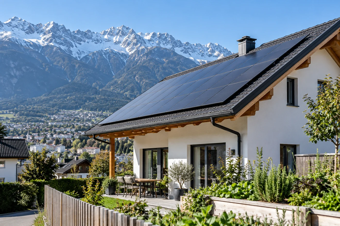 Haus mit Solardach vor einer alpinen Bergkette