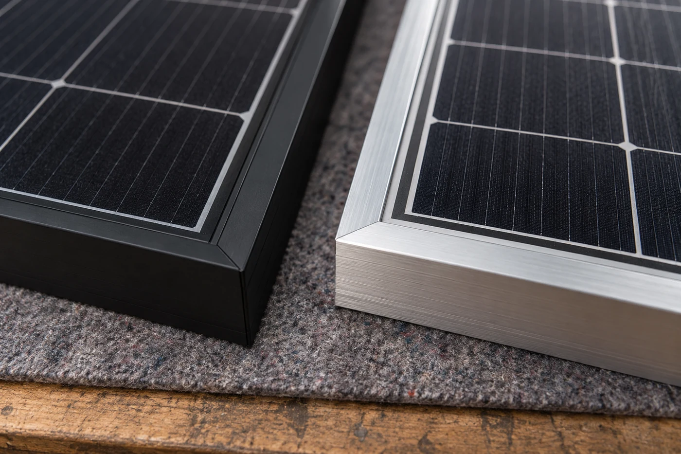 Nahansicht zweier Solarmodulrahmen und Zellflächen