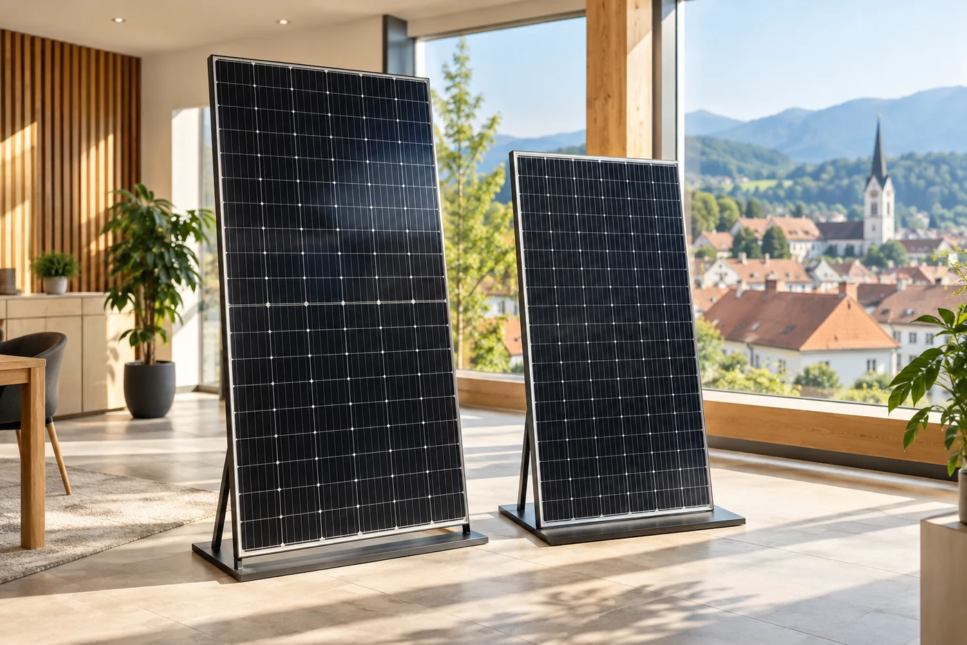 Solarmodule unterschiedlicher Größe im Ausstellungsraum
