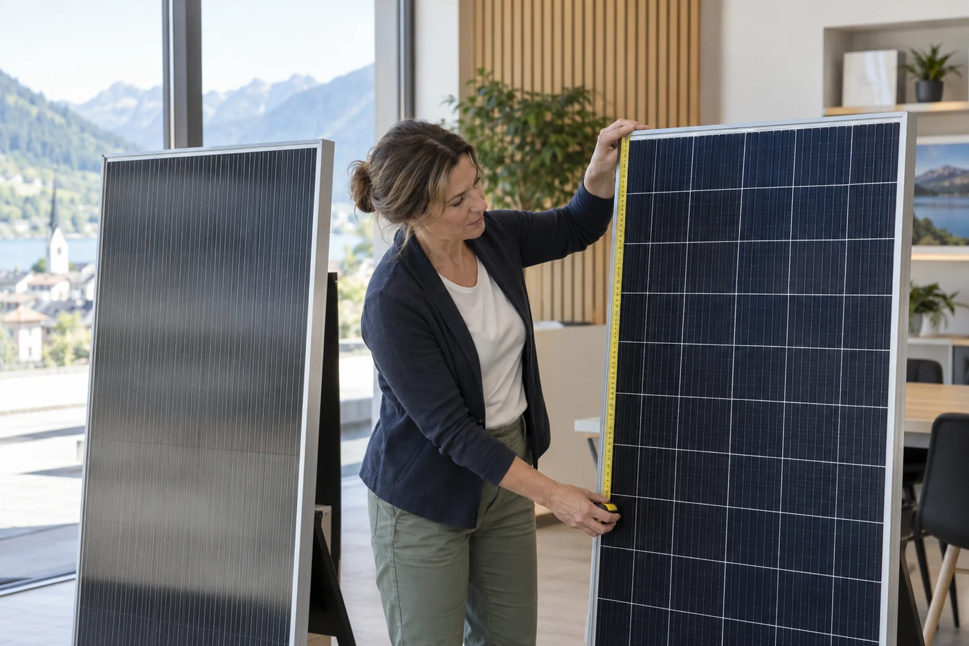 Planerin misst ein Solarmodulmuster neben einem zweiten Modul