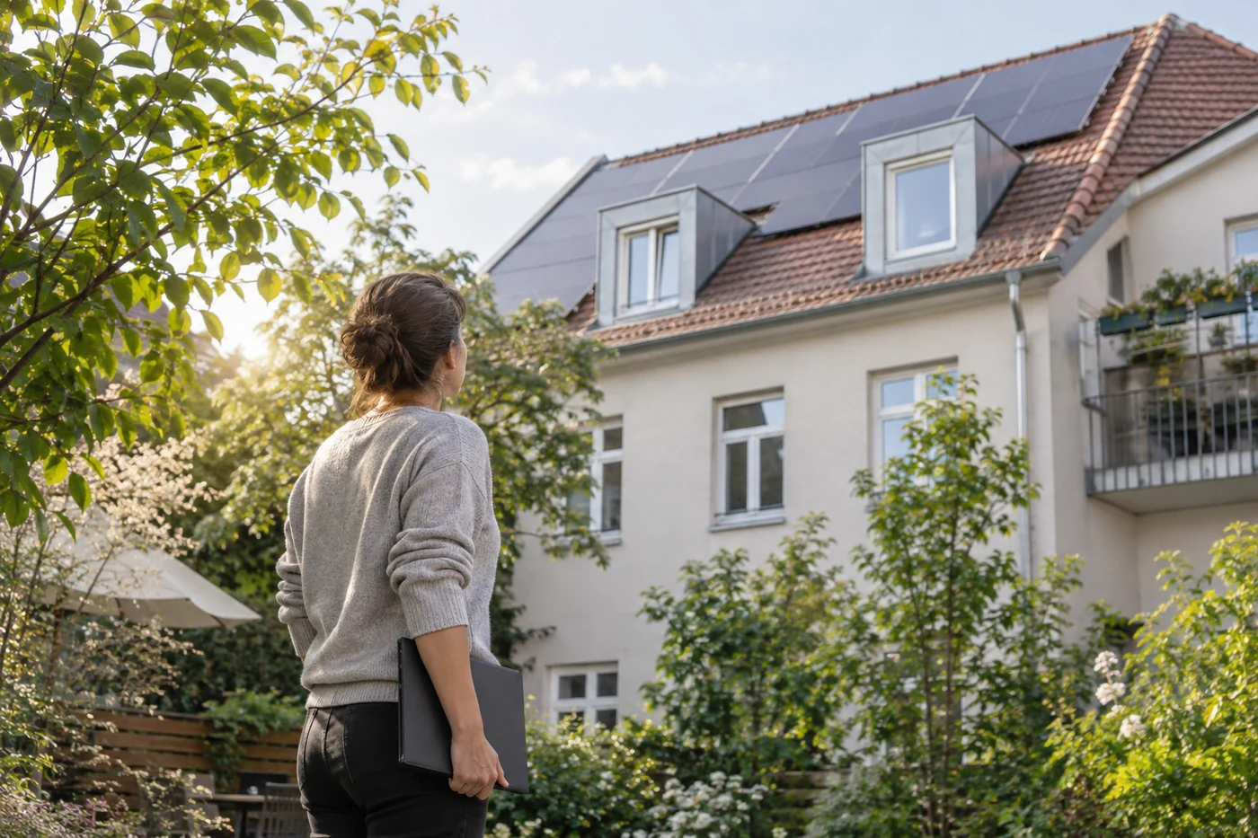 Eine Frau betrachtet vom Innenhof ein Dach mit Solarmodulen und Gauben.