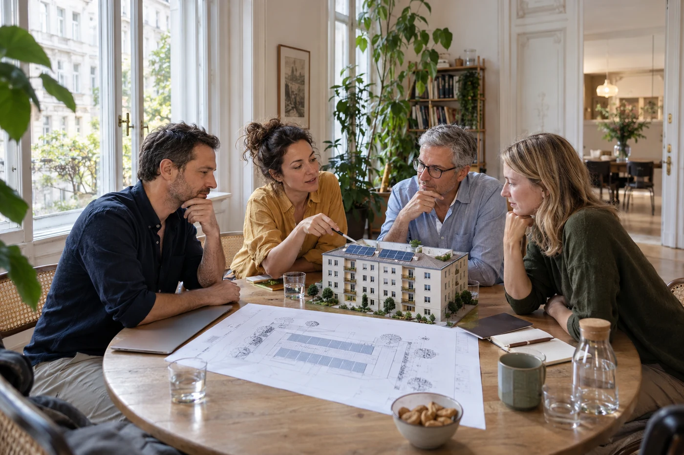 Vier Personen besprechen ein Gebäudemodell