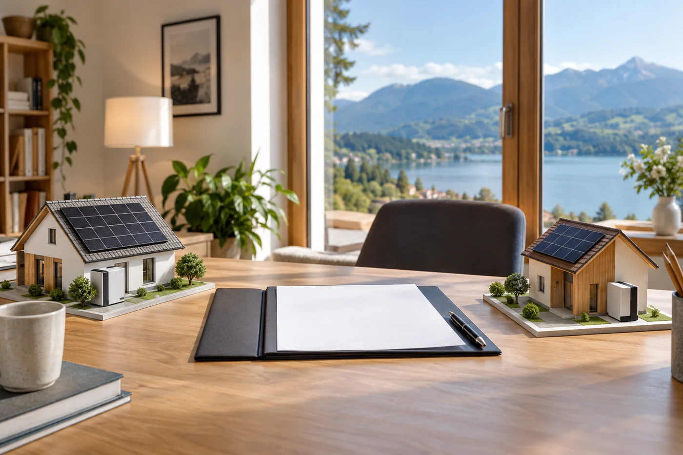 Zwei PV-Hausmodelle und eine Projektmappe auf einem Beratungstisch