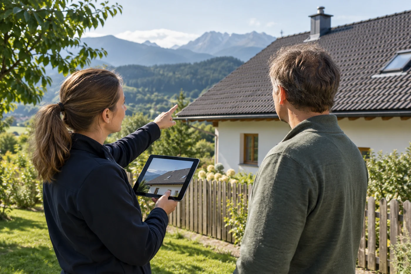 Fachberaterin und Hausbesitzer betrachten das Dach vom Garten aus
