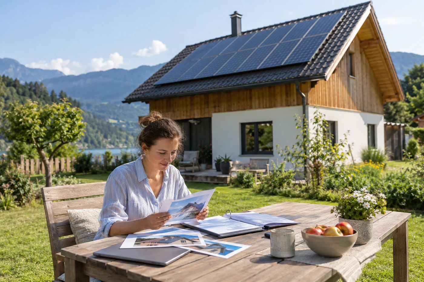 Hausbesitzerin prüft PV-Unterlagen an einem Gartentisch
