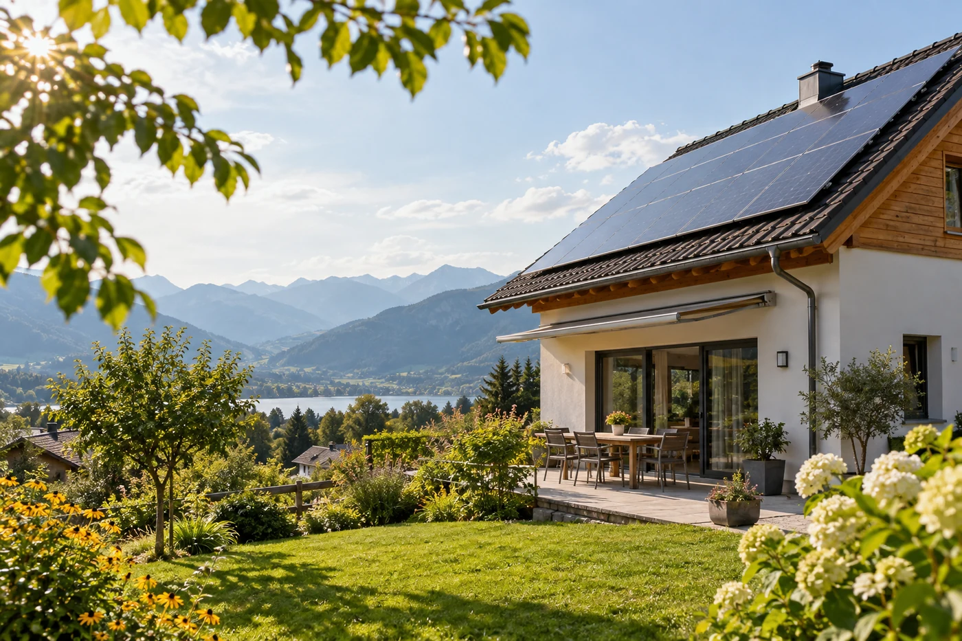 Wohnhaus mit Solardach in einem sonnigen Garten