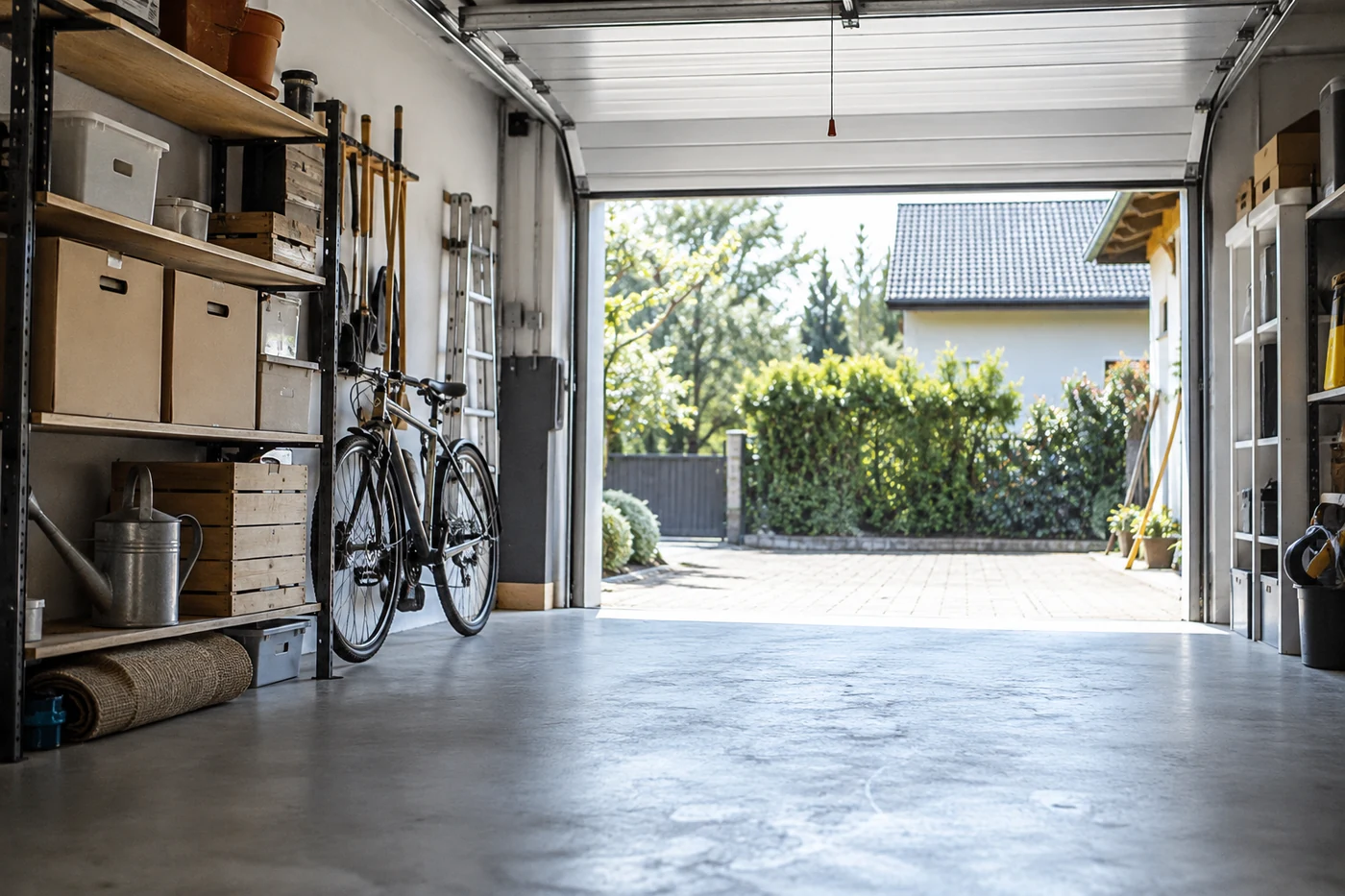 Kisten und ein Fahrrad in einer aufgeräumten Garage