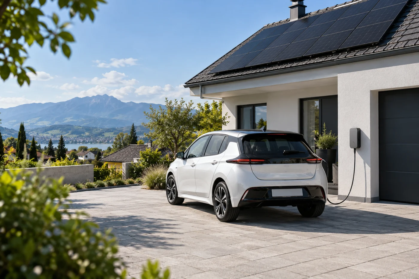 Elektroauto und Wallbox vor einem Haus mit Photovoltaik