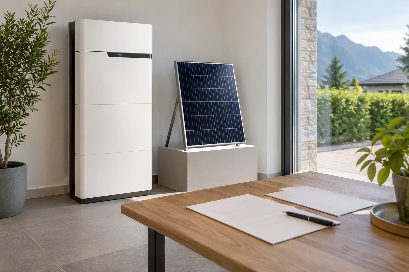 Stromspeicher und Solarmodulmuster neben technischen Unterlagen auf einem Tisch