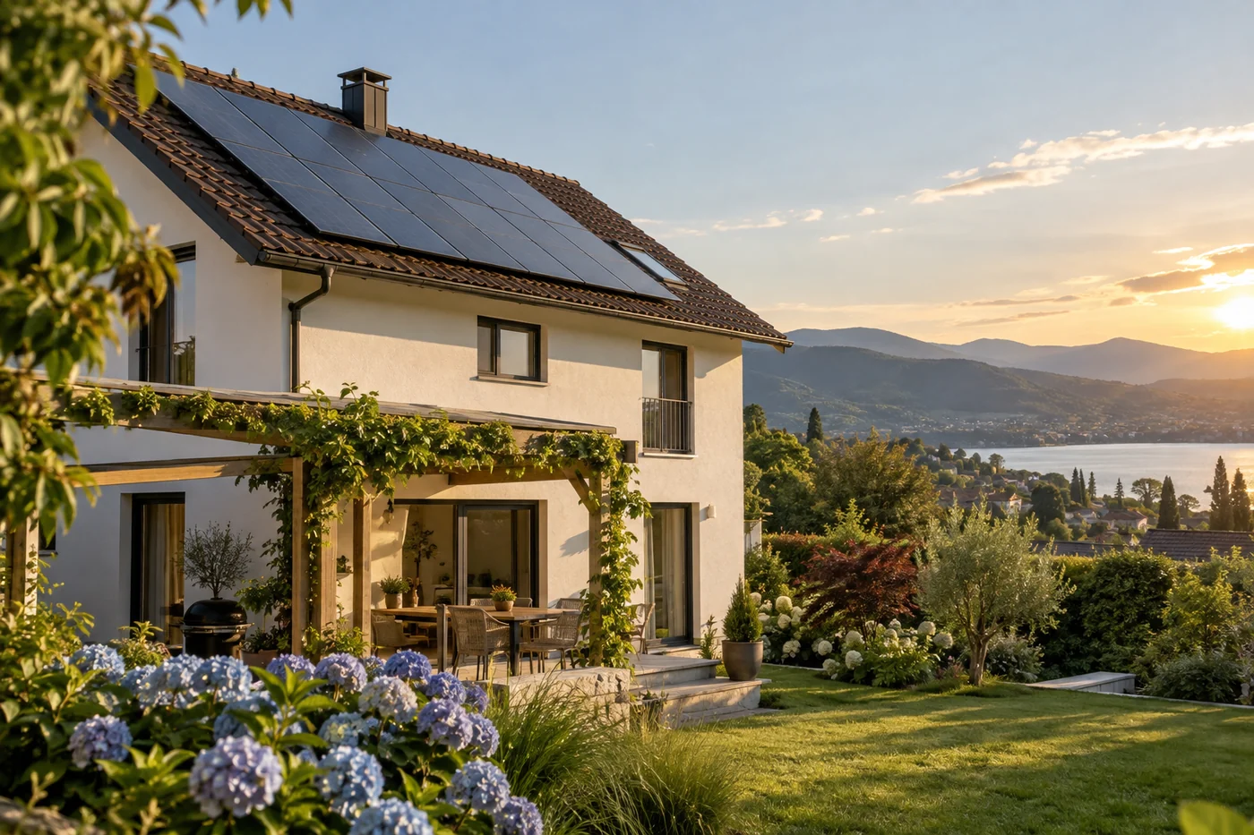 Solardach über einem begrünten Garten mit Hortensien