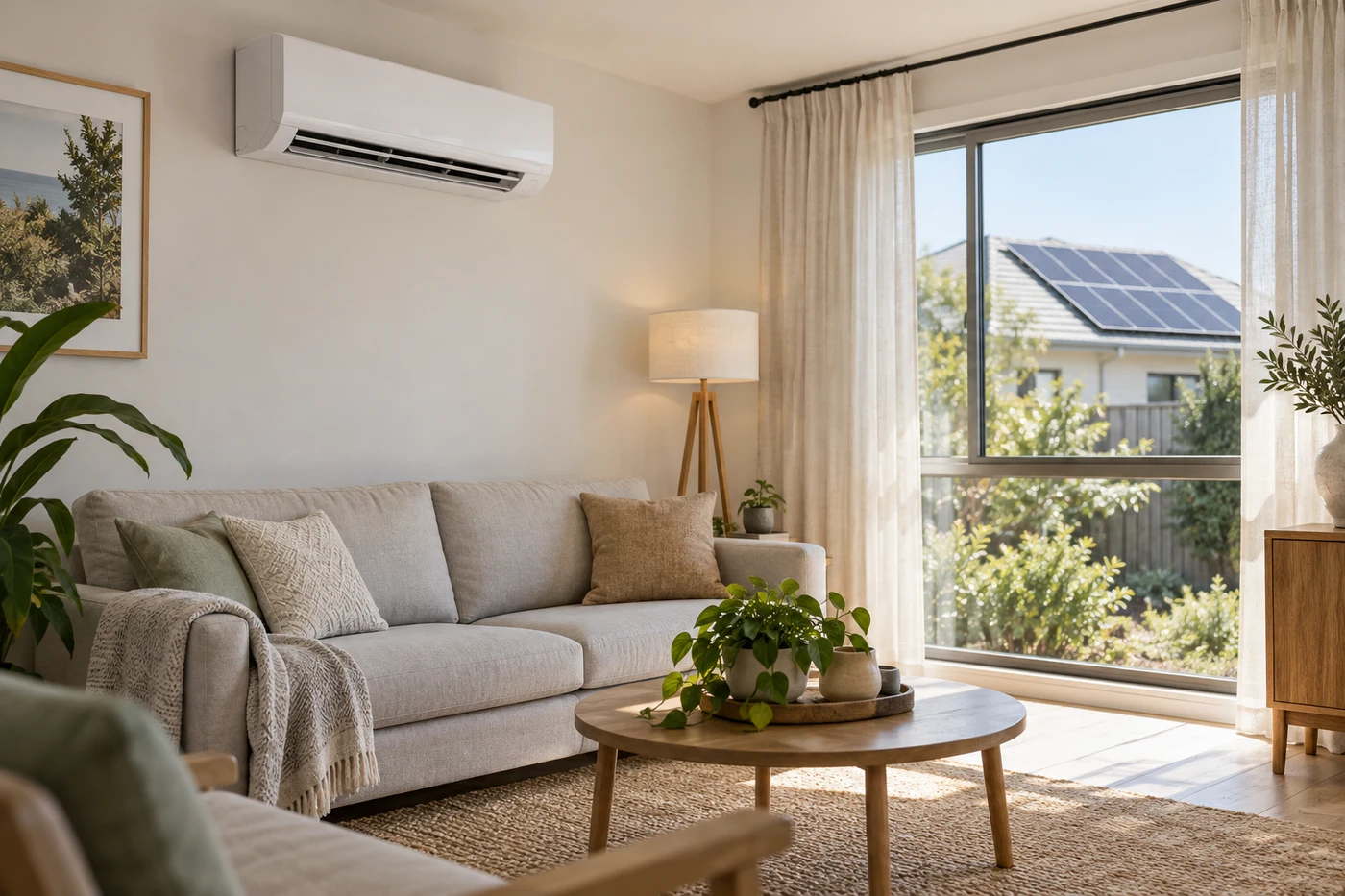 Klimaanlage in einem Wohnzimmer mit Blick auf ein Solardach