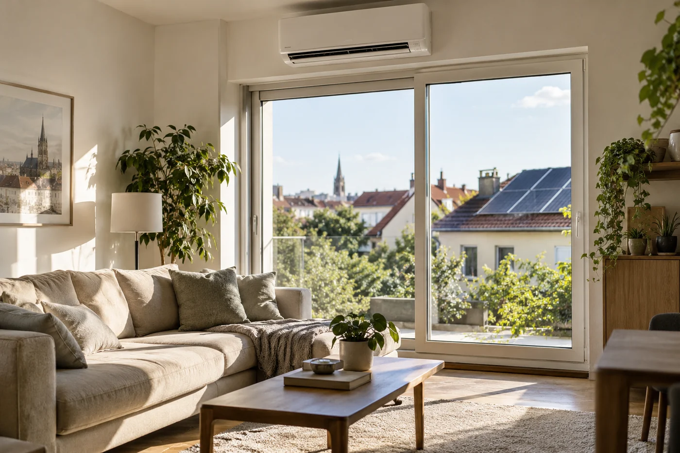 Klimagerät in einem hellen Wohnzimmer mit Blick auf Solarmodule