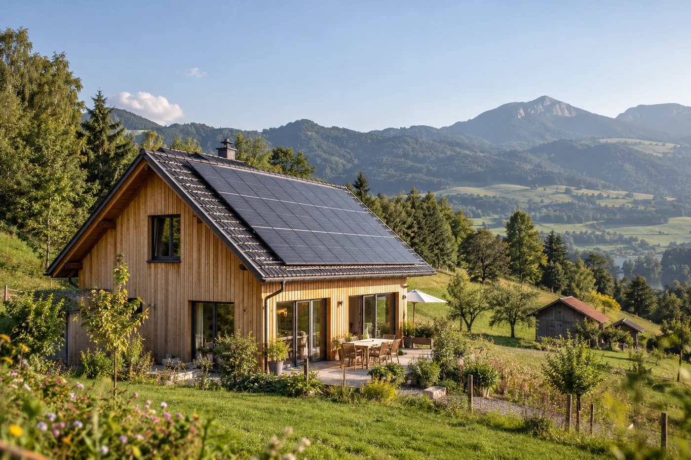 Wohnhaus mit Solardach vor einer grünen Wiesen- und Waldlandschaft.