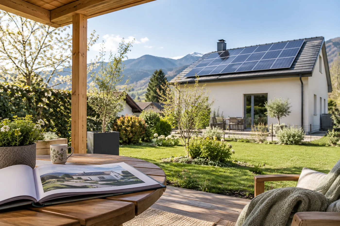 Projektunterlagen vor einem Haus mit Solarmodulen