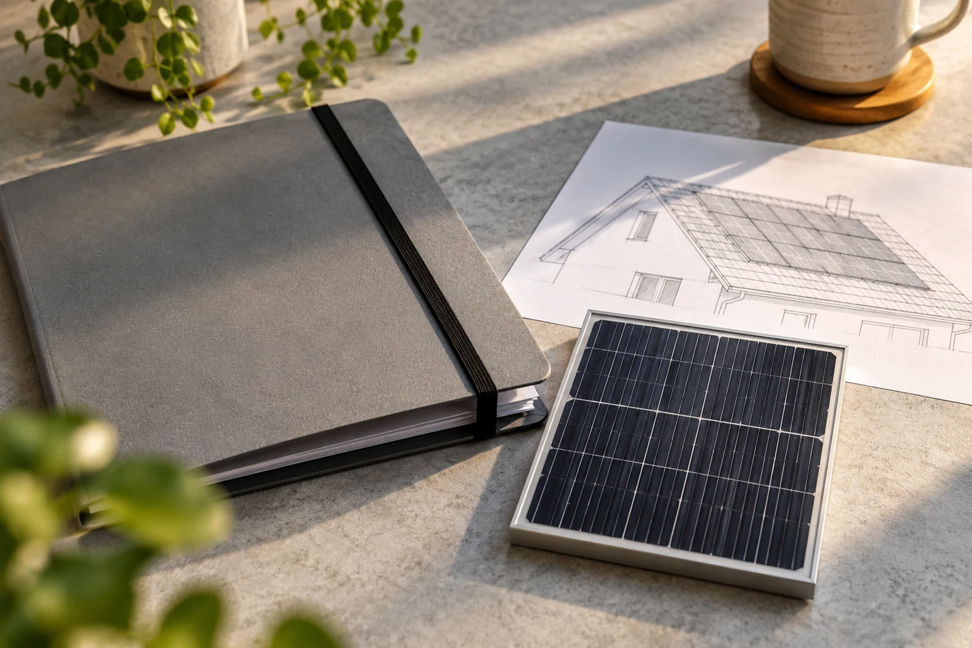 Mappe und Solarmodulmodell auf einem Tisch